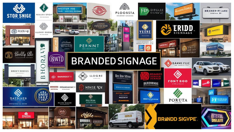 A collage of different signage products