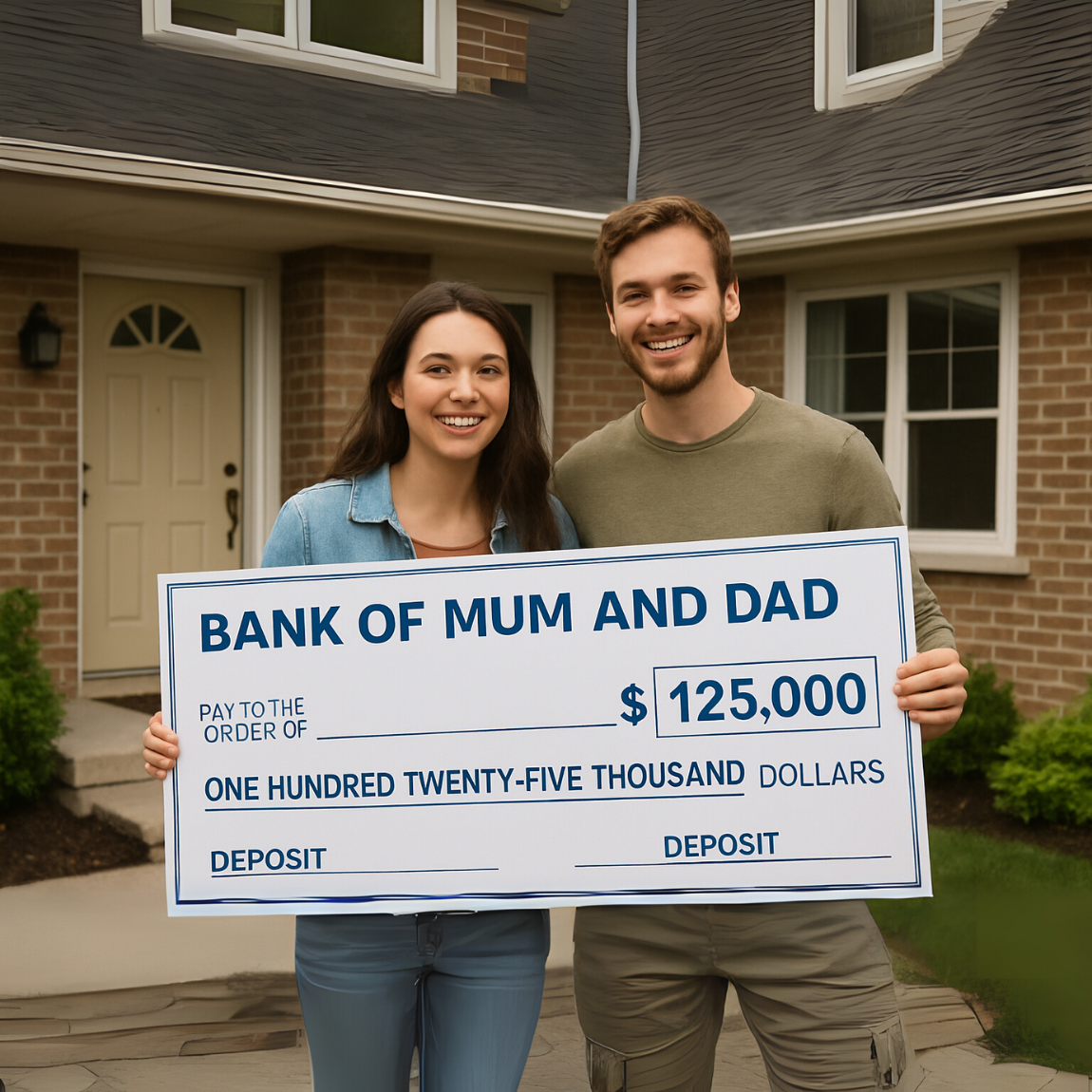 Two people holding a large novelty cheque in front of a house