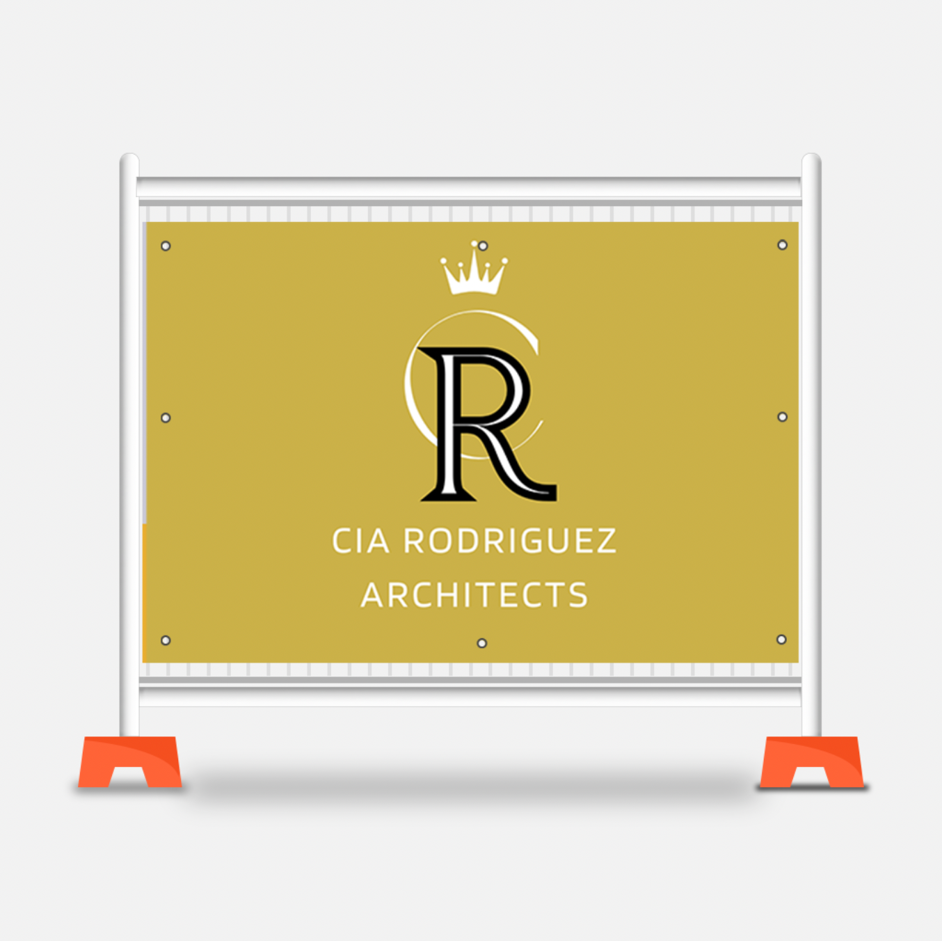 CIA Rodriguez Architects PVC banner with logo on a stand against a white background