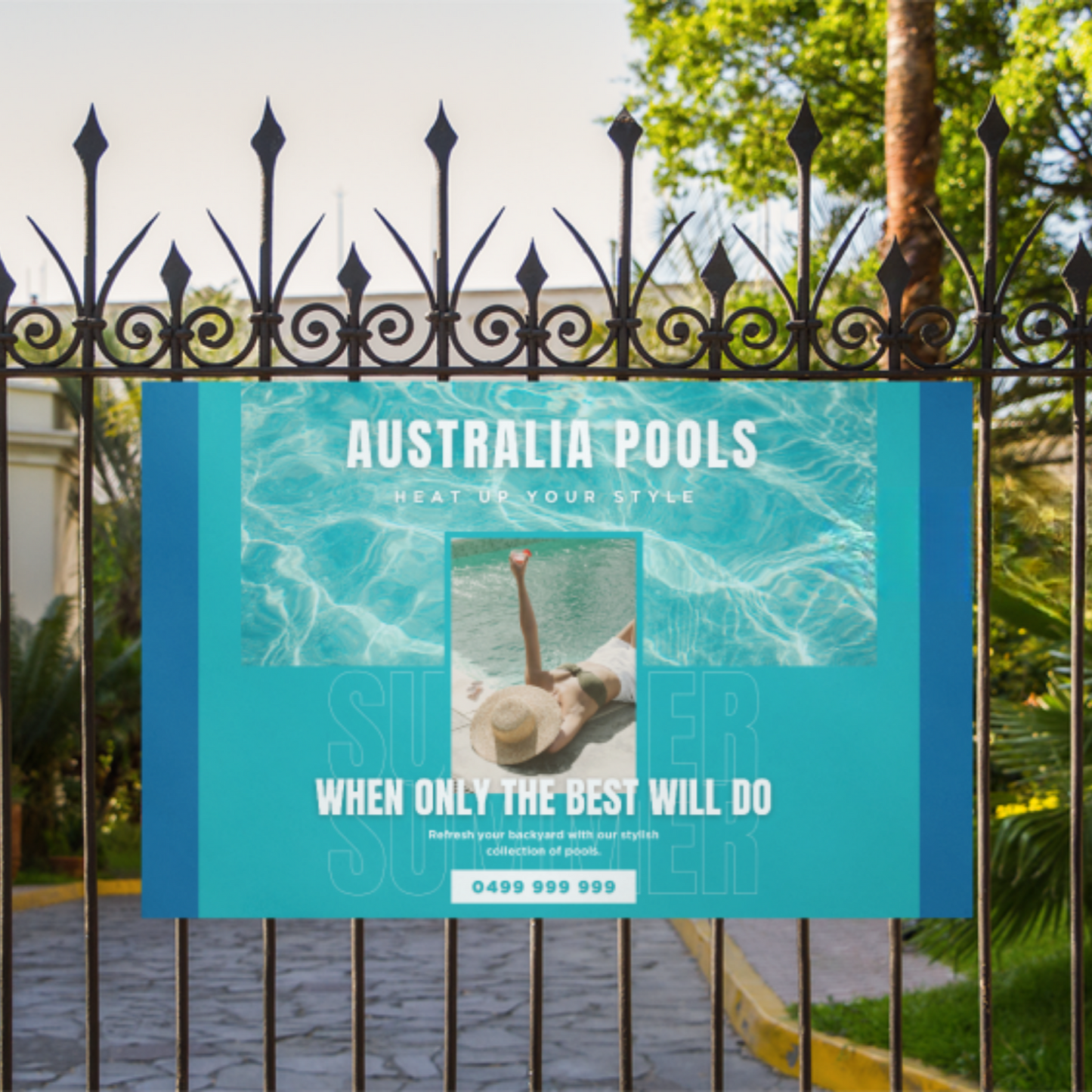 Advertisement for Australia Pools displayed on a metal fence with a pool and beach image.