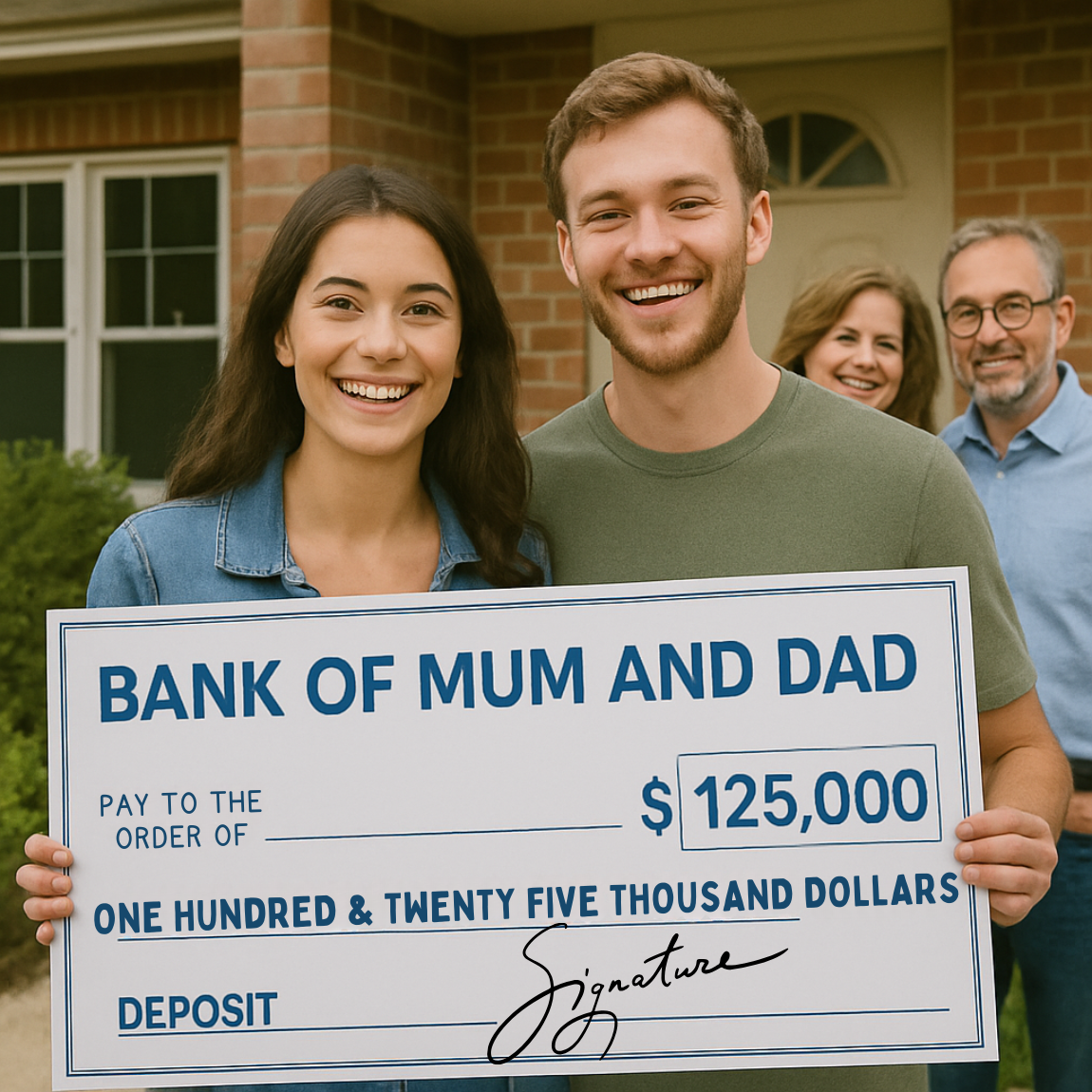Two people holding a large novelty cheque from 'Bank of Mum and Dad' in front of a house.