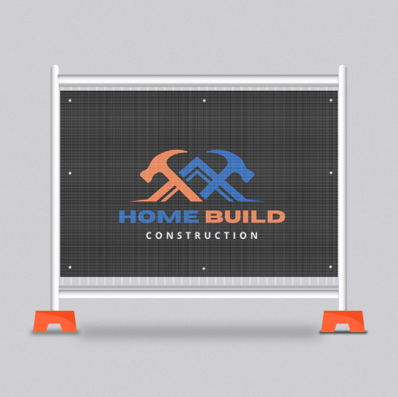 Construction site safety fence with 'Home Build Construction' logo on a gray background
