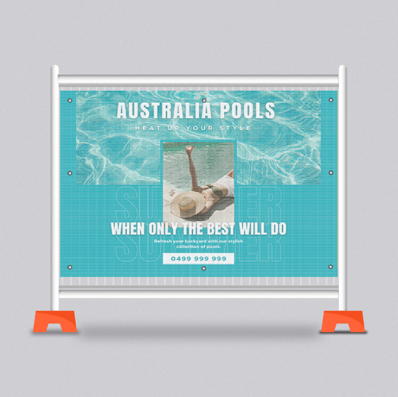 Advertisement mesh banner for Australia Pools with a pool design and contact information on a gray background