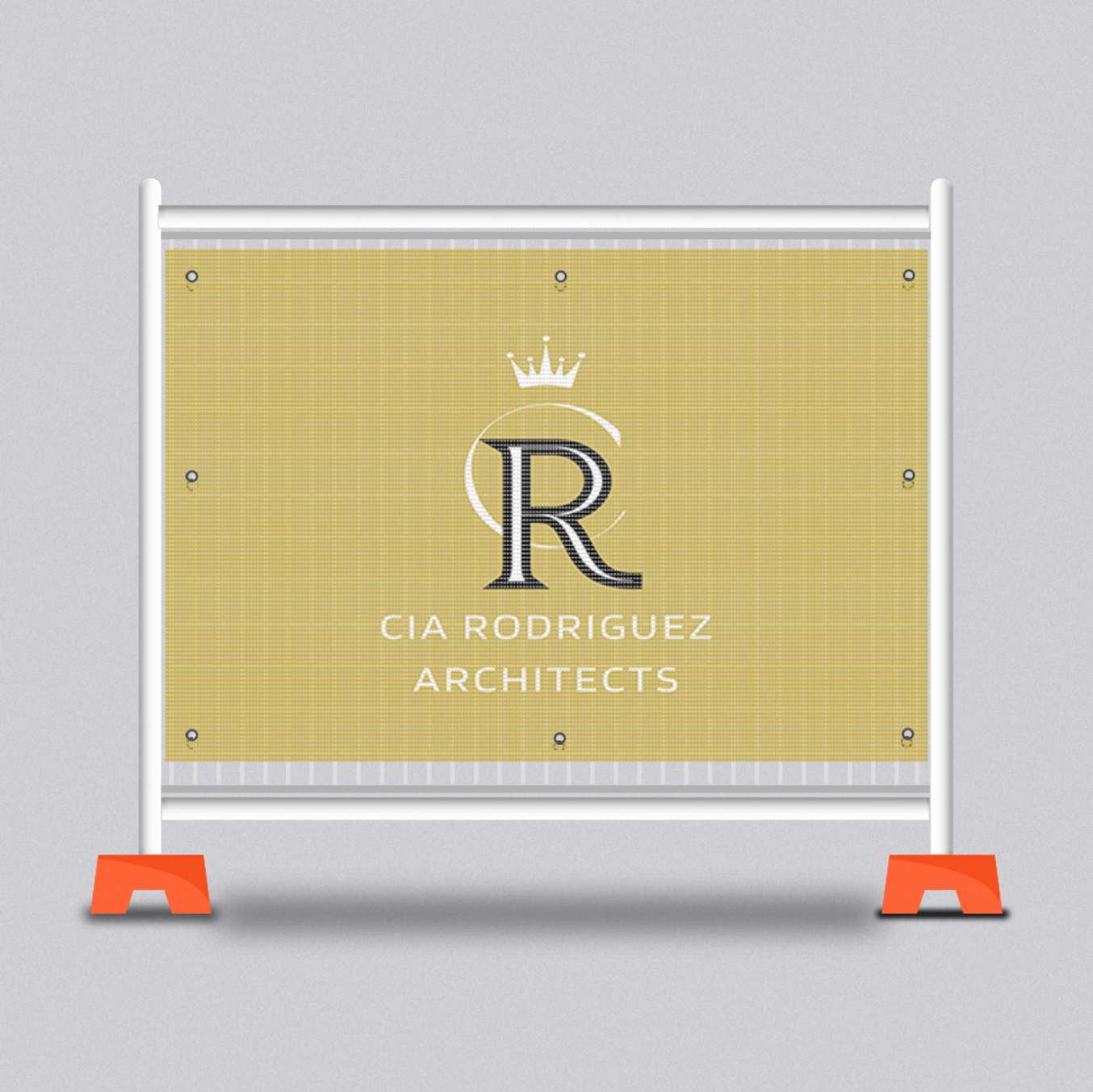 Construction site sign mesh banner for CIA Rodriguez Architects on a gray background