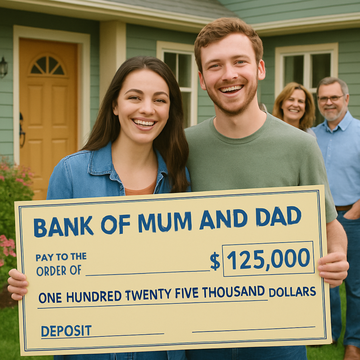 Couple holding a large cheque in front of a house with two older adults in the background.