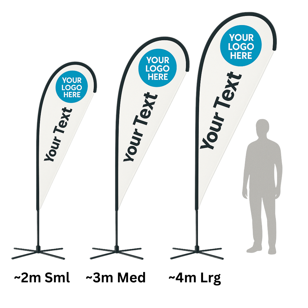 Three customizable teardrop banners with placeholder text and logos on stands, with a person silhouette for scale.