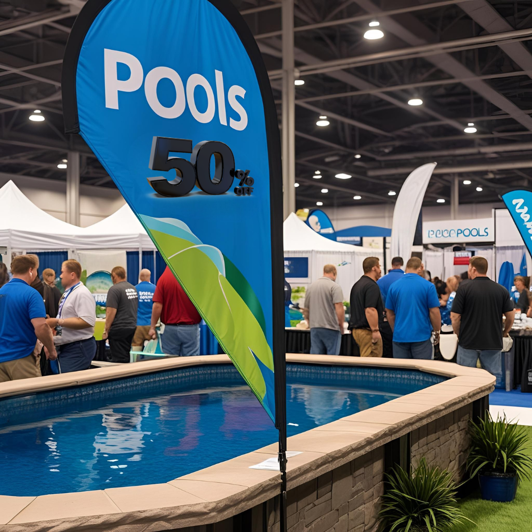 Exhibition stand with pool display and promotional banner at a trade show.
