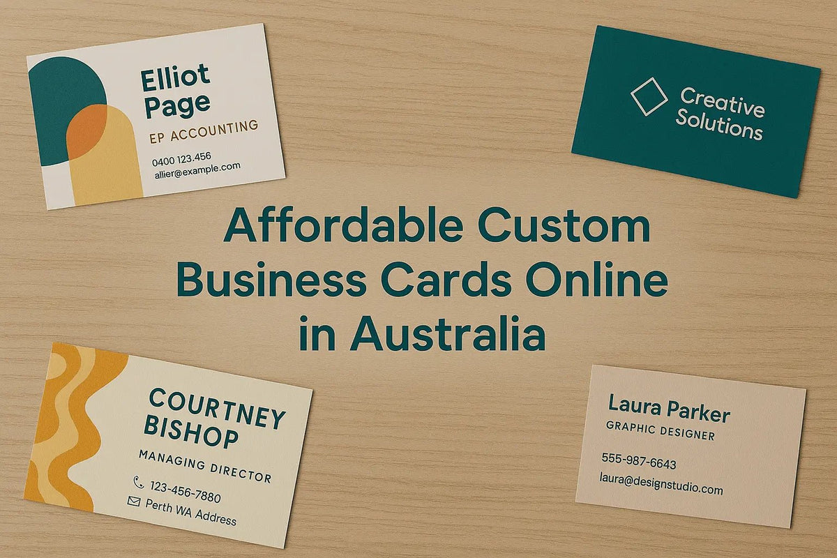Four custom business card designs shown side by side