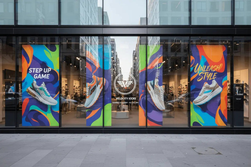 Large window graphics spread across the windows of a shoe store