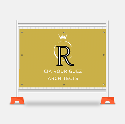 CIA Rodriguez Architects PVC banner with logo on a stand against a white background