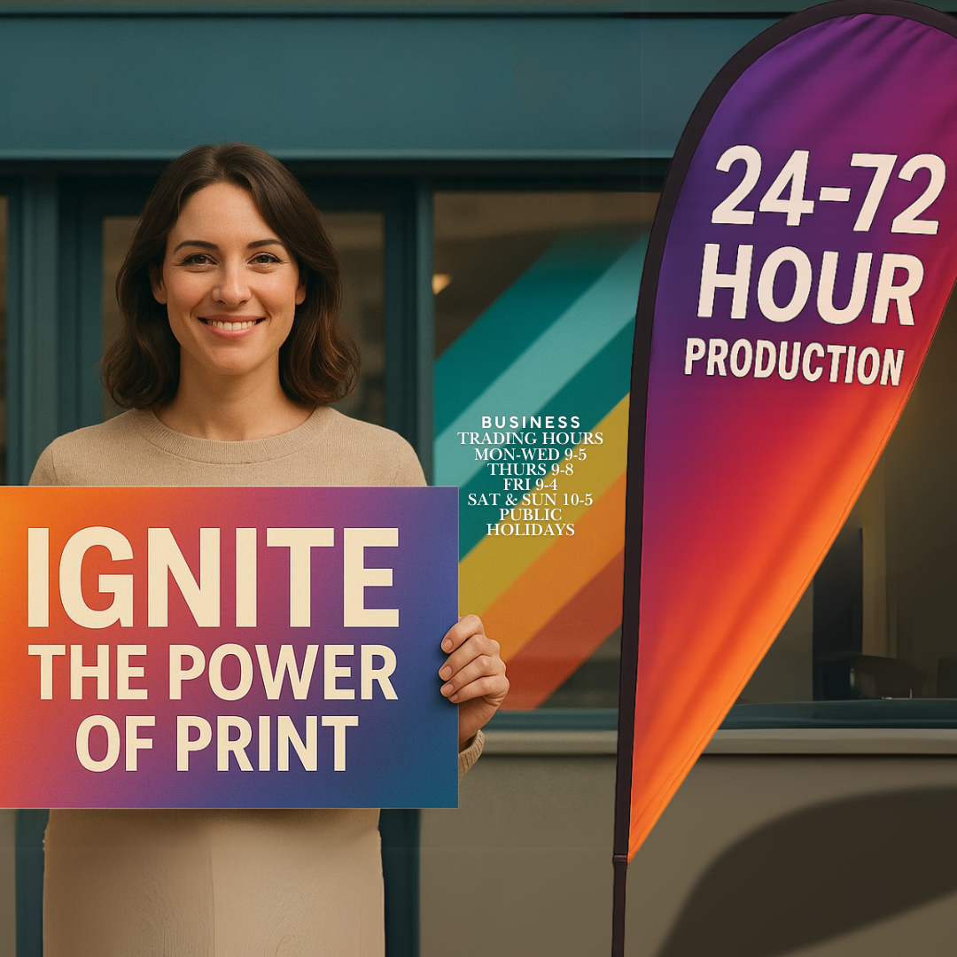 Woman holding a sign about print production with a colorful banner in the background.
