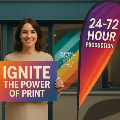 Woman holding a sign about print production with a colorful banner in the background.