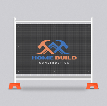 Construction site safety fence with 'Home Build Construction' logo on a gray background