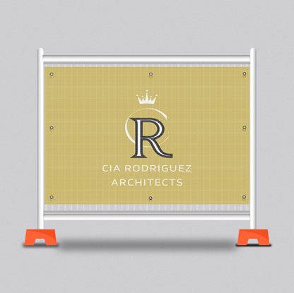 Construction site sign mesh banner for CIA Rodriguez Architects on a gray background