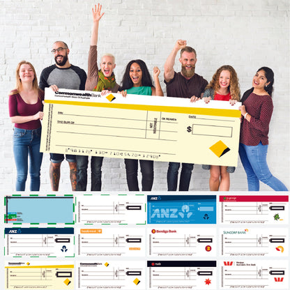 A group of people posing with a large novelty cheque, with options for various other novelty cheques displayed in different designs below