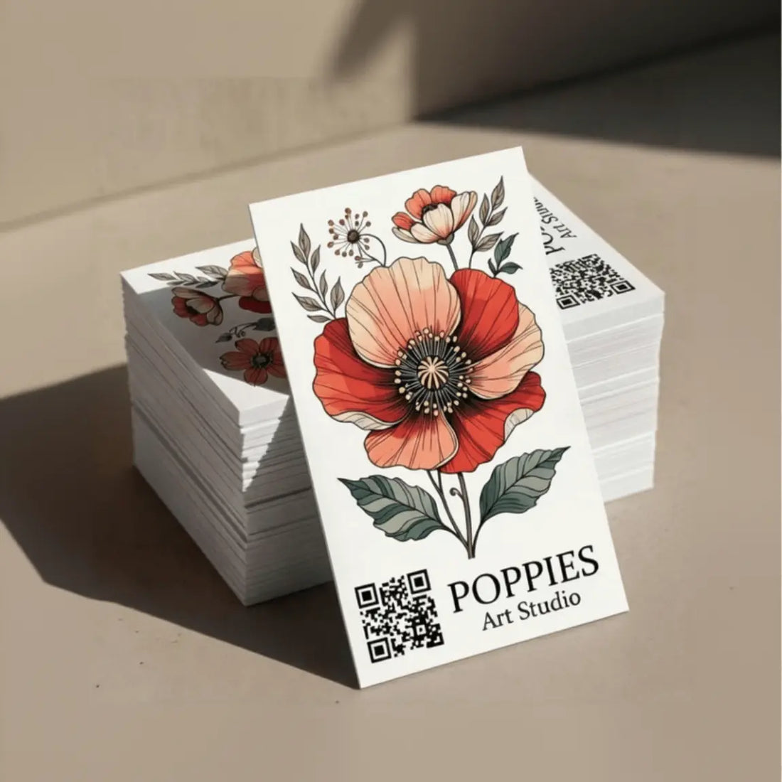 A stack of printed business cards with a poppy illustration