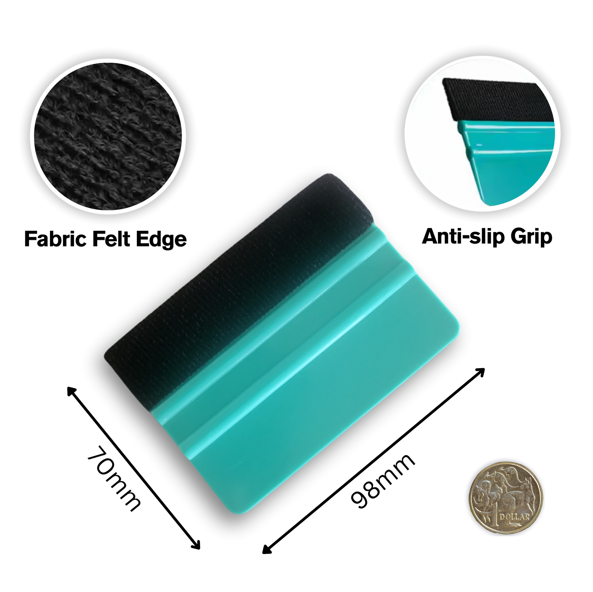 Teal squeegee with fabric felt edge and anti-slip grip, shown with measurements and a coin for scale.