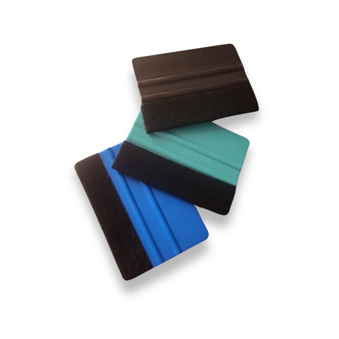 Three squeegees in black, blue, and green on a white background