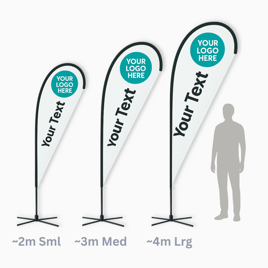 Three customizable teardrop banner flags with stands with placeholder text and logo areas, shown with a silhouette of a person for scale.