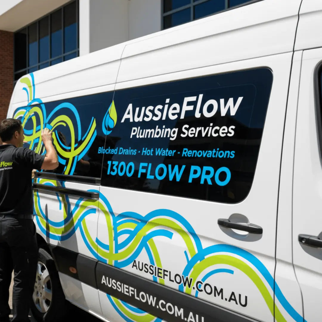 A plumbing van wrapped in printed vehicle graphics