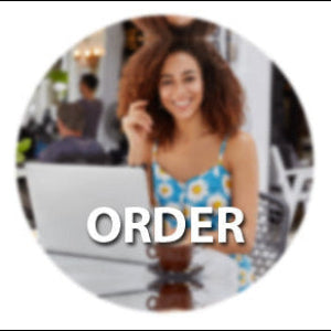 Woman ordering item over the phone at a cafe with the word 'ORDER' overlaid.