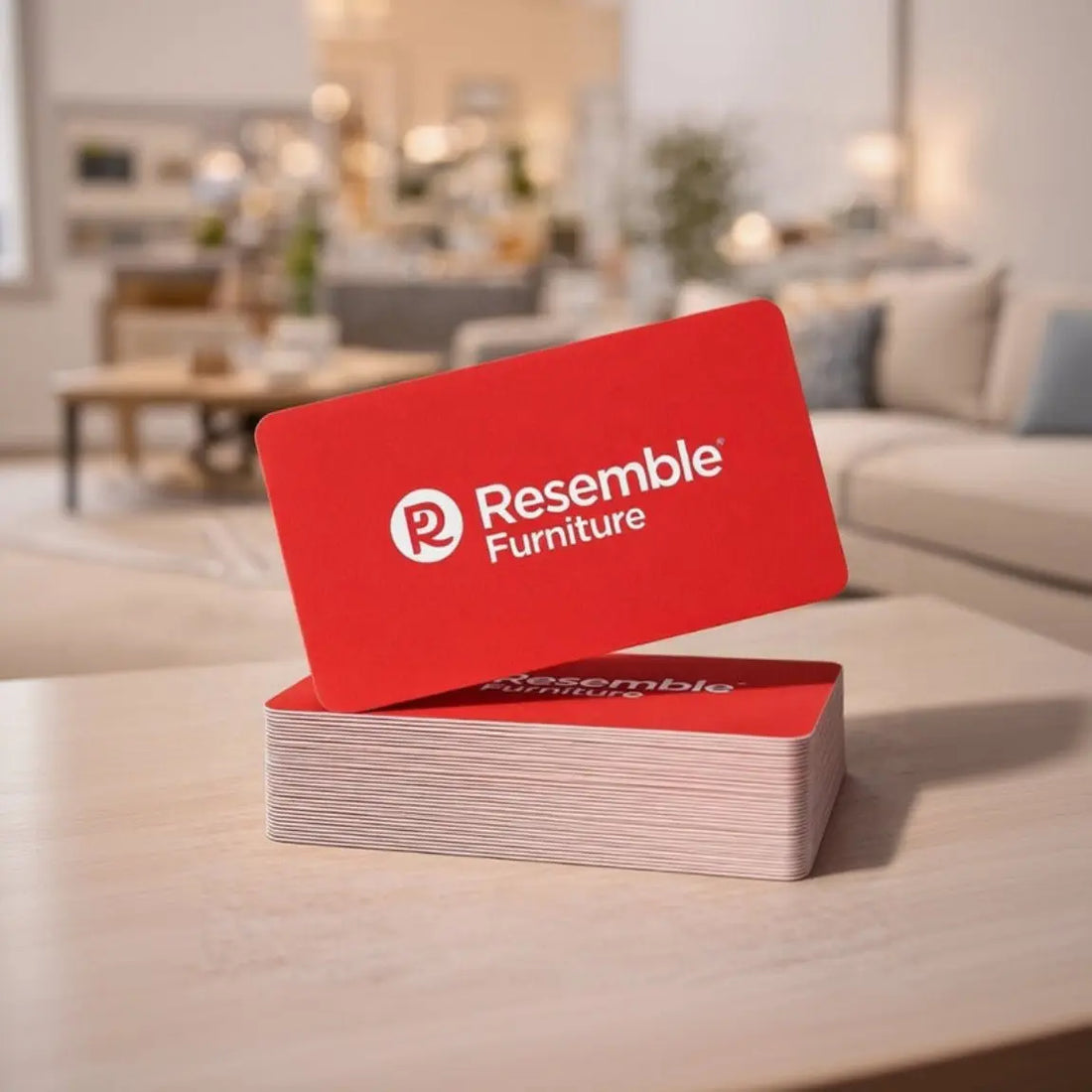 A printed business card for a furniture brand, photographed in a living room