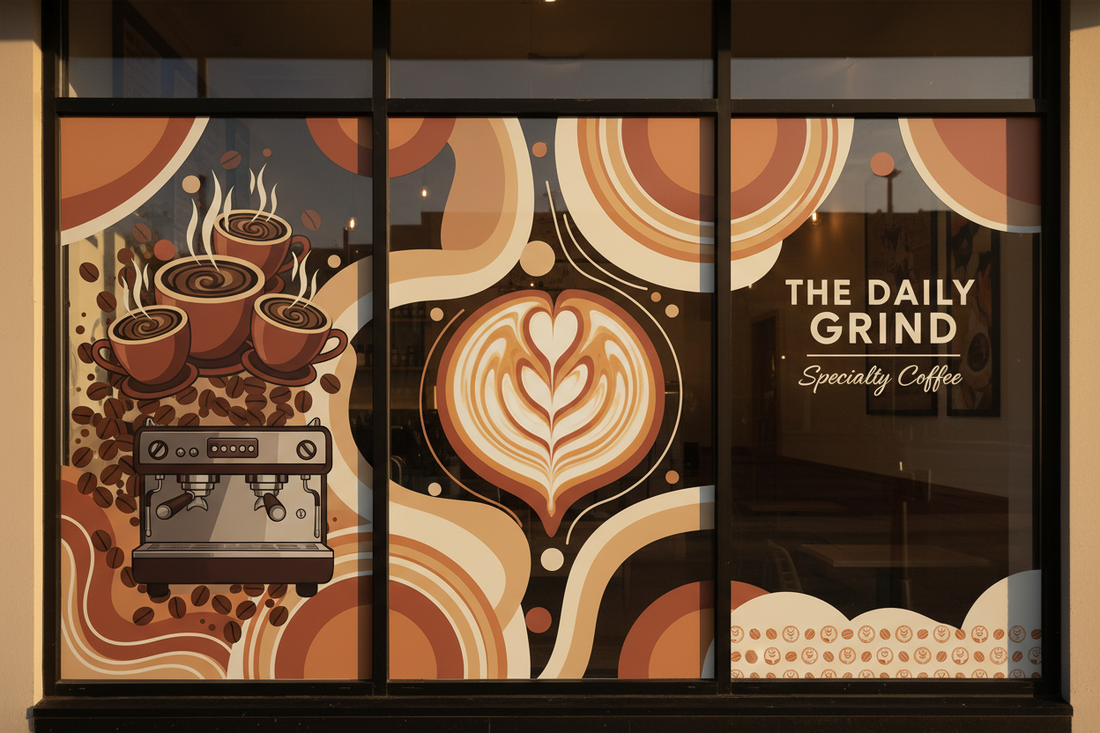 Printed window graphics across the front of a coffee shop