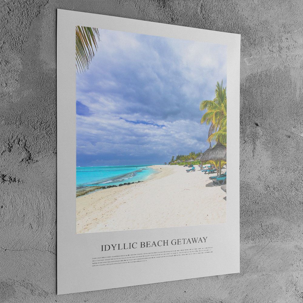 Poster of a tropical beach scene with 'Idyllic Beach Getaway' text on a textured wall.