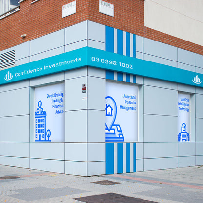 Corner of a building with Confidence Investments branding and contact information. aluminium composite panel cladding